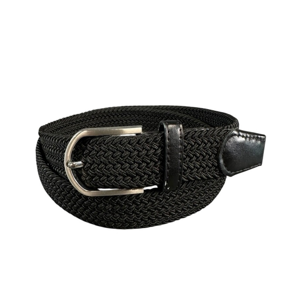 Mens Woven Elastic Stretch Belt Black Silver Buckle Braided 45 Inch